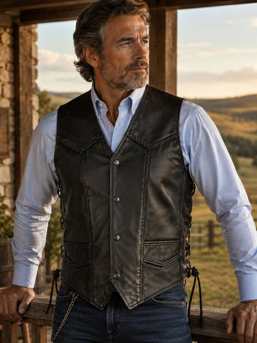 Men's Premium Leather Vest Lace Side Braid Snap Front Single Seam Back Black